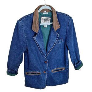 Forenza Vtg Womens Denim Jacket Blazer Medium Leather Accents Pockets 2 Button